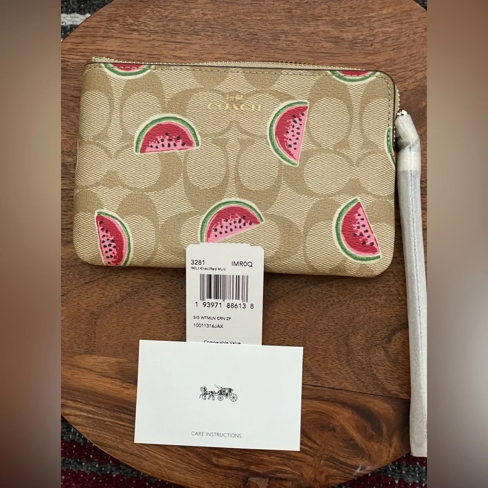 COACH Signature Canvas Watermelon Wristlet in Khaki - NWT